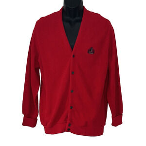 Vtg Izod Cardigan Sweater Unisex L Red Acrylic USA Crest Buttons Grandpa Preppy
